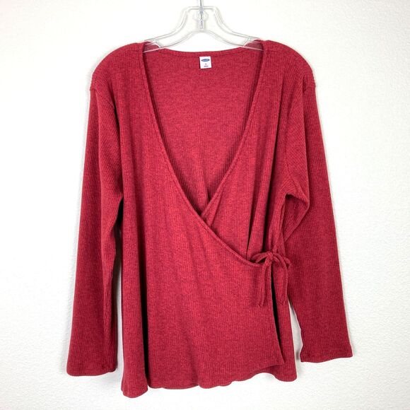 Old Navy Ribbed Knit Surplice Wrap Shirt Size XL Red Orange Stretch Long Sleeve - Picture 1 of 6